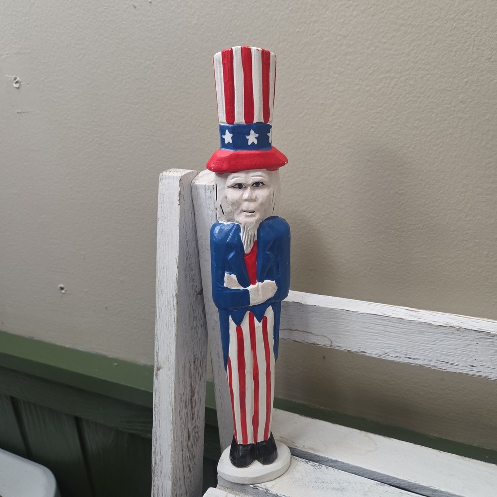Vtg Uncle Sam Figure Wood Primitive Folk Art Hand Painted Americana USA Patriot